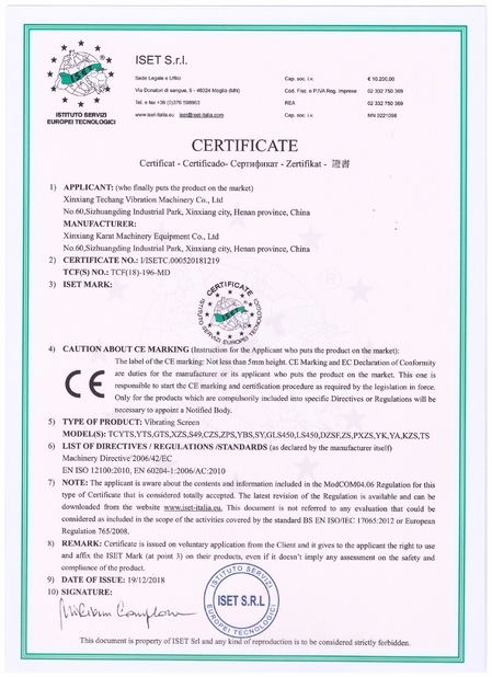 Chine Xinxiang Techang Vibration Machinery Co.,Ltd. Certifications