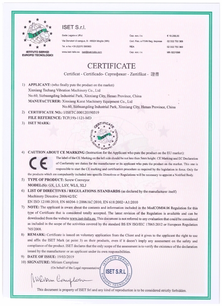 Chine Xinxiang Techang Vibration Machinery Co.,Ltd. Certifications